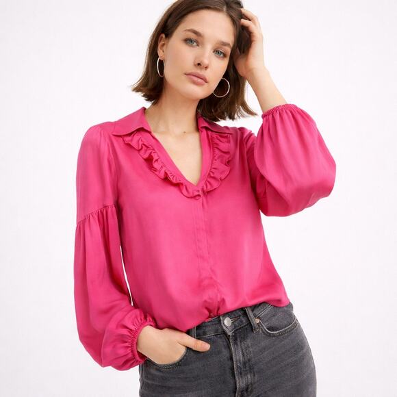 Amadi Tops - AMADI Lara Ruffled Blouse Hot Pink Anthropologie Boho V Neck Long Sleeve Size L